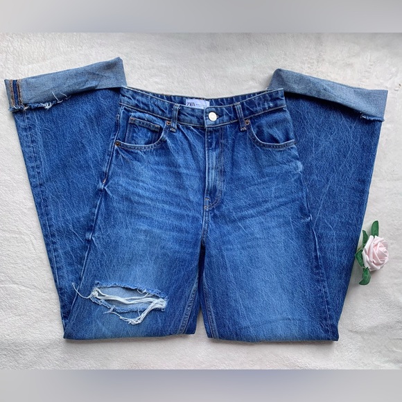 Zara Distressed Denim Wide Leg Jeans - Picture 1 of 12